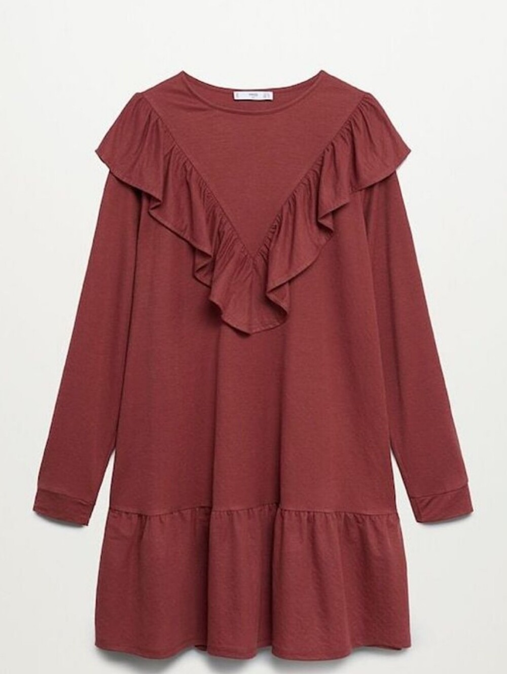 MNG Mango Ruffled Drop Rust Red Maroon Long Sleeve Dress Large